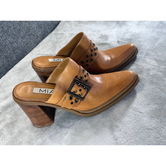 Mia womens shoes 8.5M Y2K Brown leather chunky mules heels 4" - Picture 10 of 16